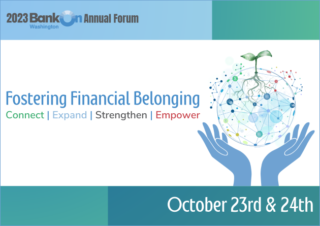 Illustration of 2 open hands below a network sphere promoting the Bank On Forum on Oct. 24th & 25th